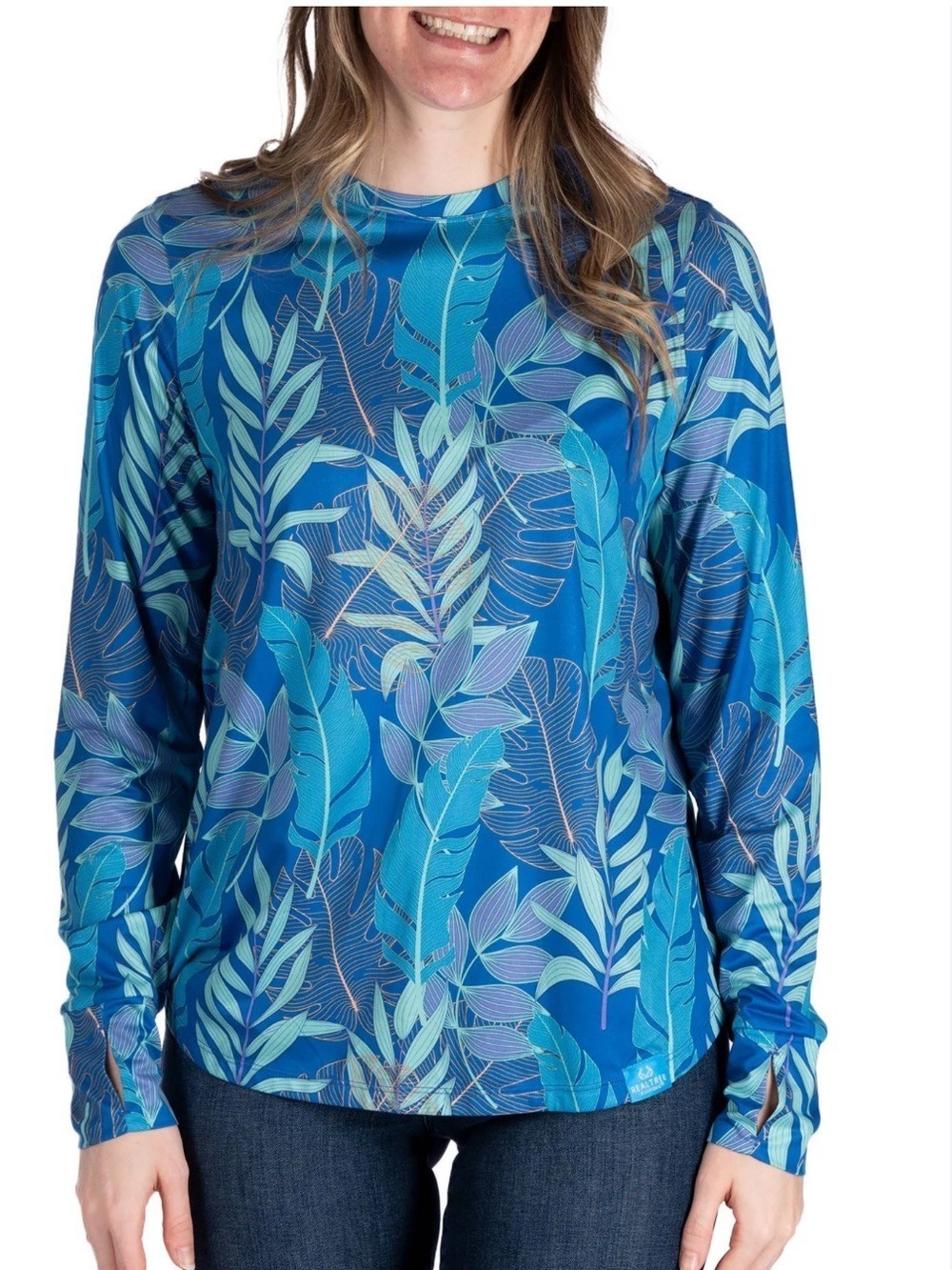 REALTREE Fishing long sleeve fishing tee thumb holes side slits tropical blue L